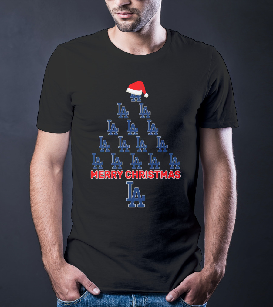 Merry Christmas LA Dodgers Tree With Santa Hat T-Shirt