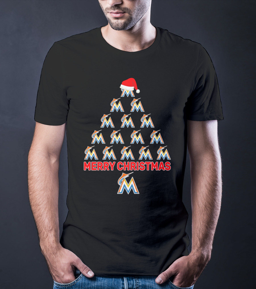 Merry Christmas Miami Marlins Tree With Santa Hat T-Shirt