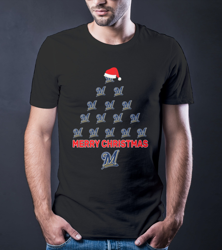 Merry Christmas Milwaukee Brewers Logos Shaped As A Tree With Santa Hat T-Shirt