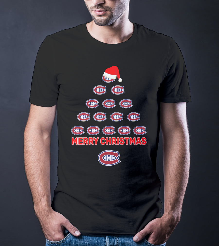 Merry Christmas Montreal Canadiens Tree With Logos And Santa Hat T-Shirt