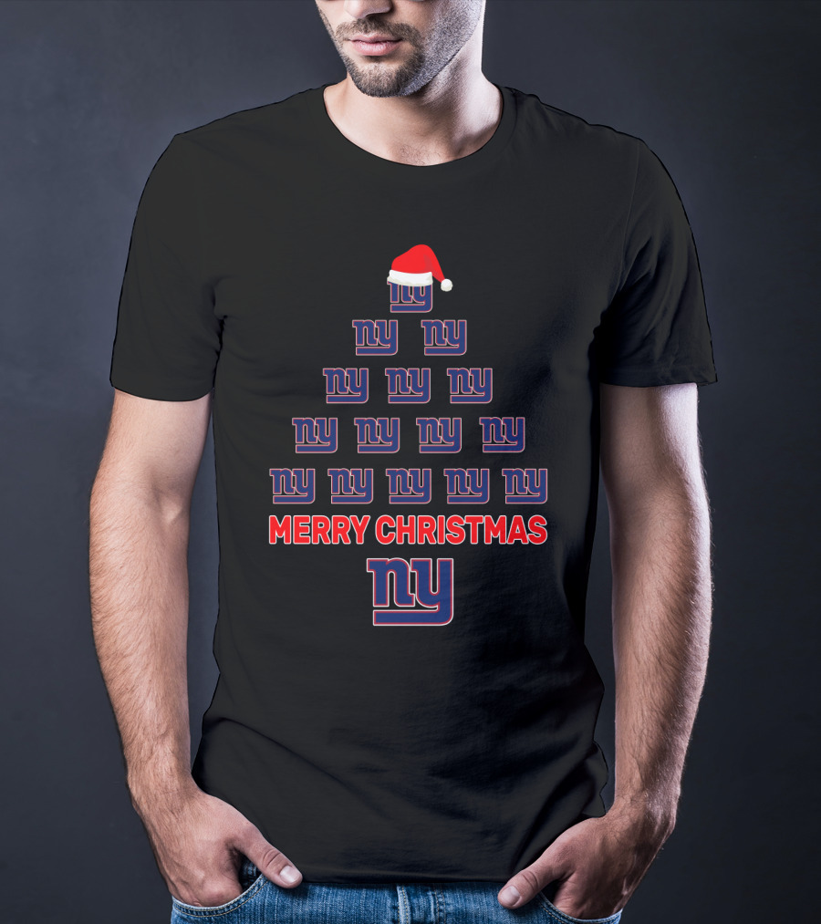 Ny Giants Merry Christmas Tree With Logos And Santa Hat T-Shirt