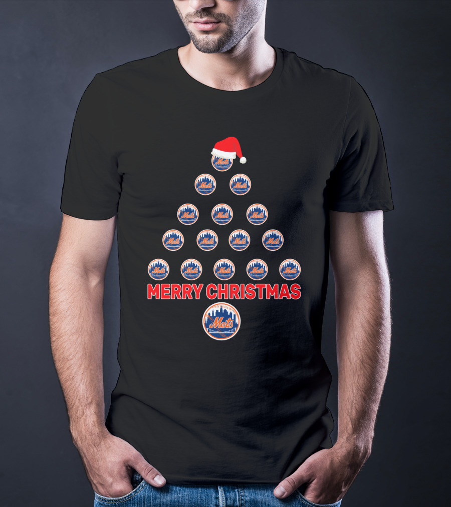 Merry Christmas New York Mets Tree With Santa Hat T-Shirt