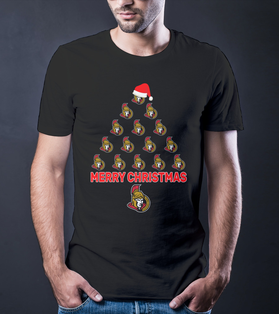 Ottawa Senators Merry Christmas Tree With Logos And Santa Hat T-Shirt