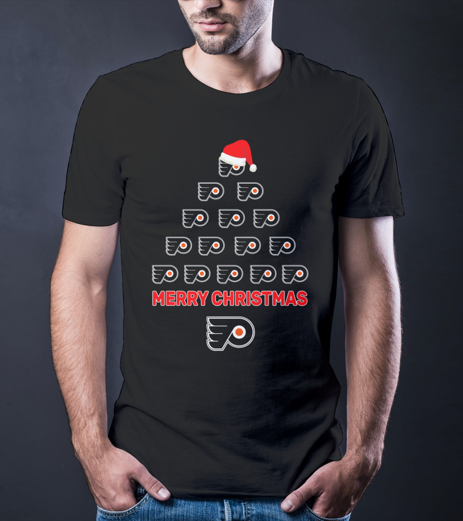 Philadelphia Flyers Merry Christmas Tree Design With Santa Hat T-Shirt