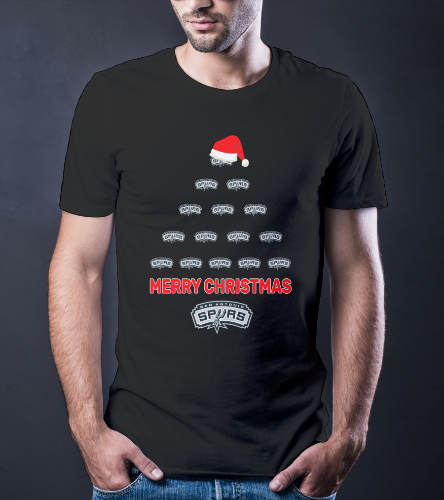 Merry Christmas San Antonio Spurs Tree With Santa Hat T-Shirt