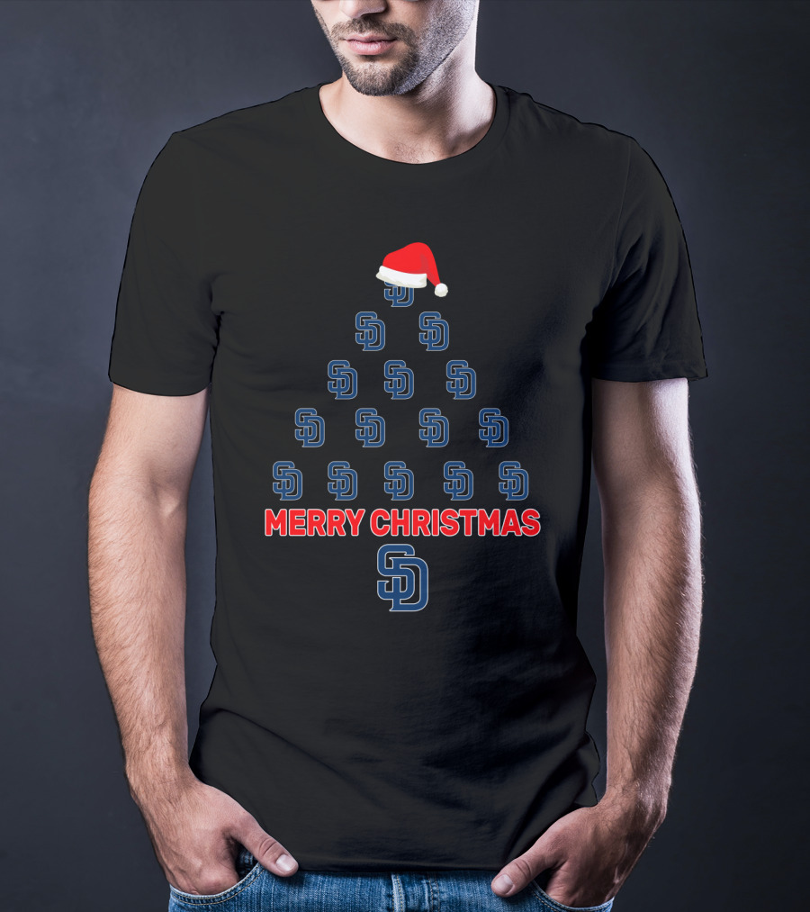 Merry Christmas San Diego Padres Fans With Santa Hat Tree Formation T-Shirt
