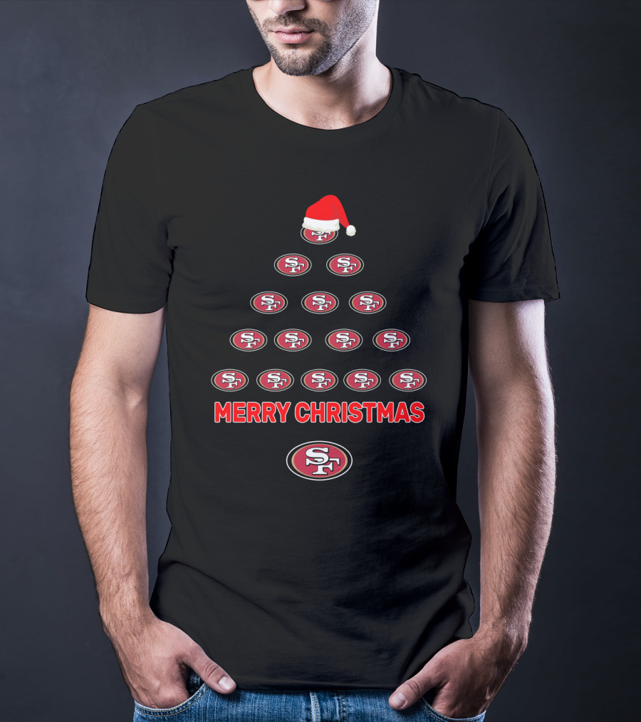 Merry Christmas San Francisco 49ers Tree With Santa Hat T-Shirt