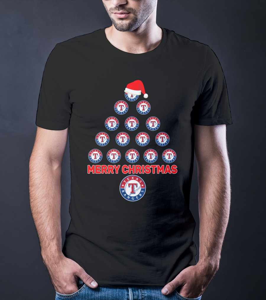 Merry Christmas Texas Rangers Tree With Logos And Santa Hat T-Shirt