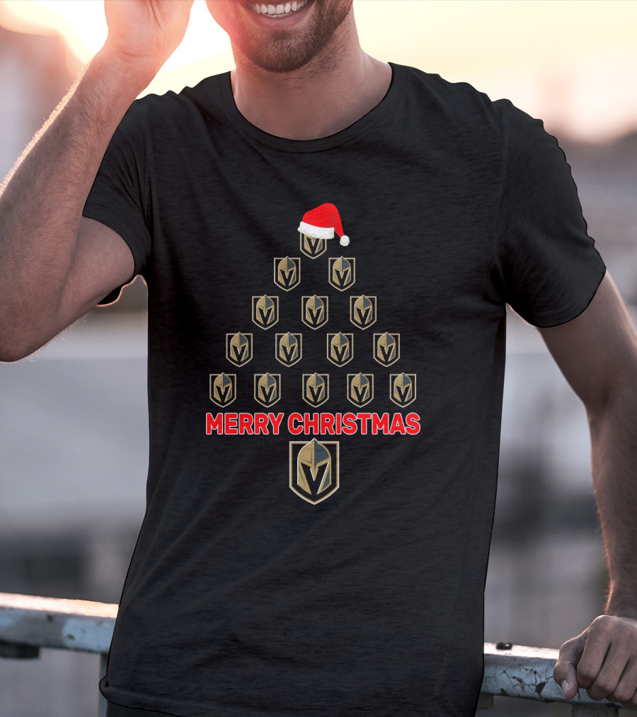Merry Christmas Vegas Golden Knights Fans Tree With Santa Hat T-Shirt