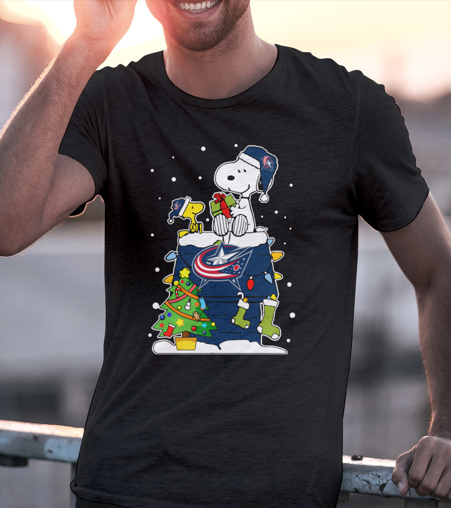 Columbus Blue Jackets Christmas Snoopy And Woodstock Fans Hockey T-Shirt
