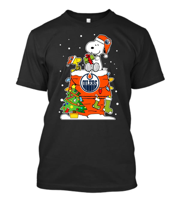 Snoopy And Woodstock Celebrate Edmonton Oilers Christmas With Gifts And Lights T-Shirt