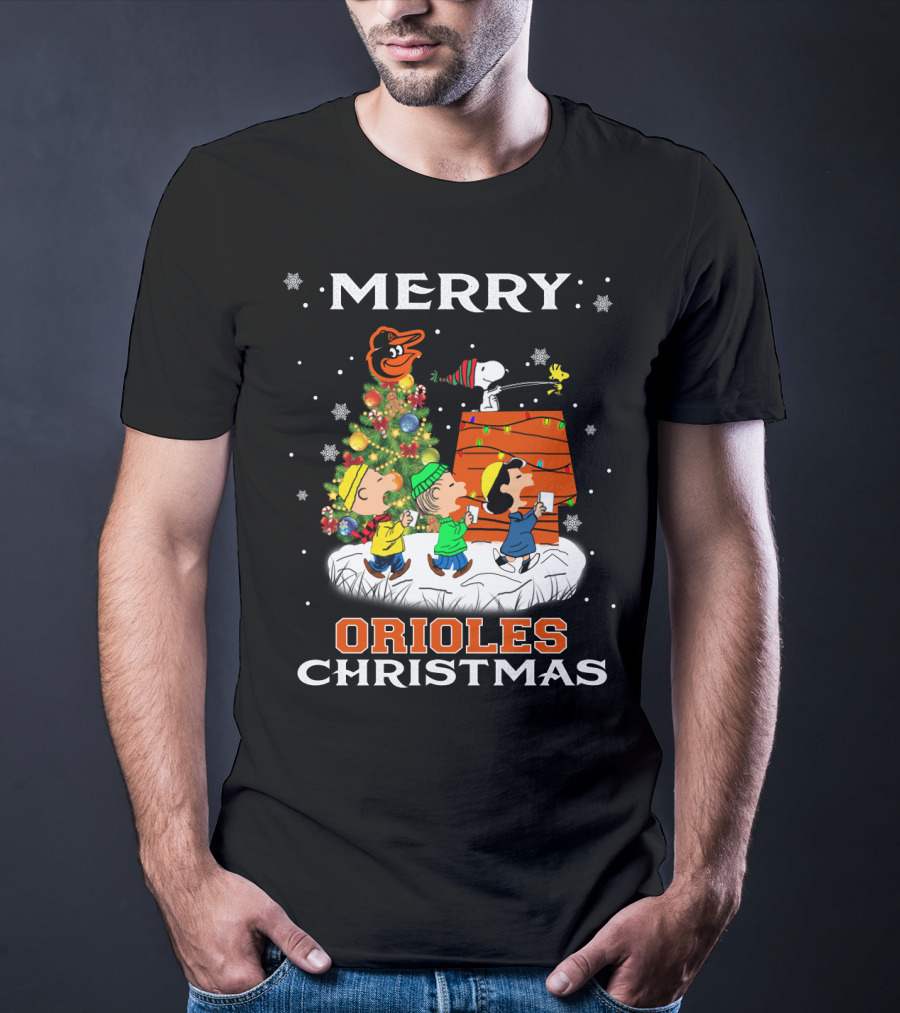 Merry Orioles Christmas Featuring Snoopy And Friends With Baltimore Logo And Festive Tree T-Shirt