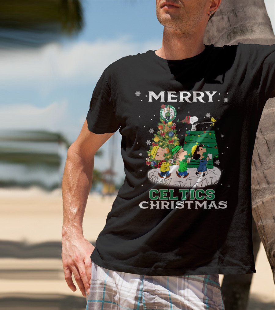 Merry Celtics Christmas Featuring Snoopy And Peanuts Gang T-Shirt