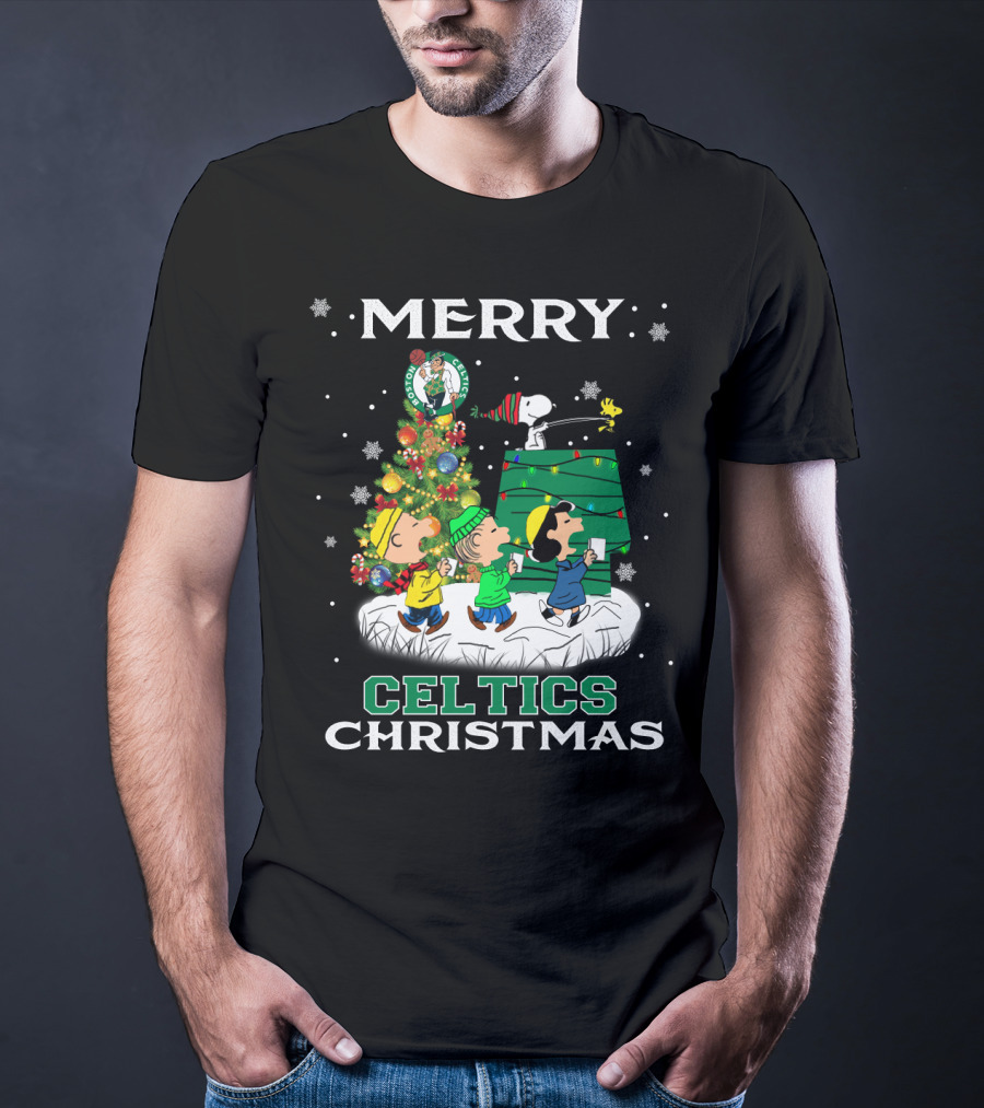 Merry Celtics Christmas Featuring Snoopy And Peanuts Gang T-Shirt