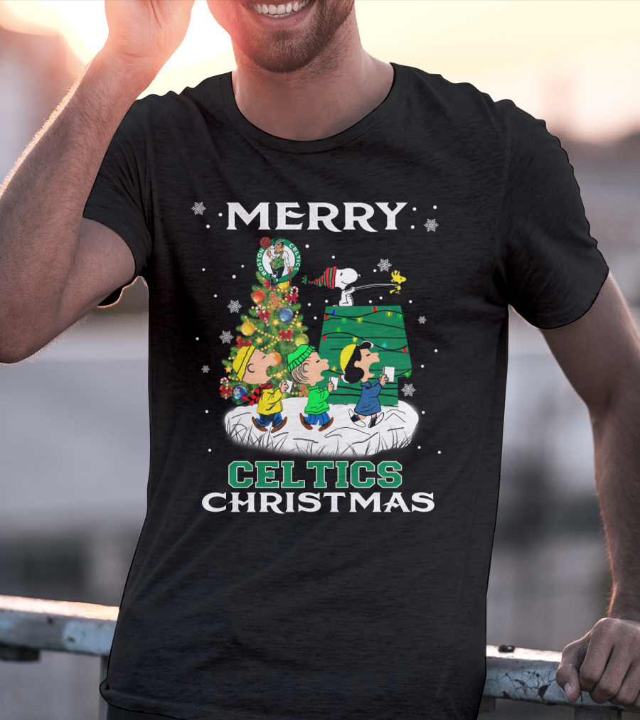 Merry Celtics Christmas Featuring Snoopy And Peanuts Gang T-Shirt