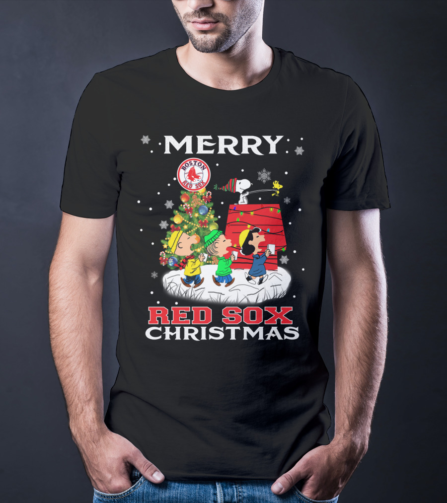 Merry Boston Red Sox Christmas Snoopy And Peanuts Characters Festive Holiday Scene T-Shirt