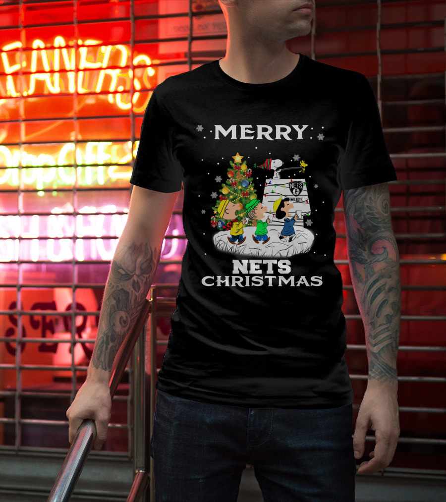Merry Brooklyn Nets Christmas Snoopy Fans Peanuts Christmas Tree T-Shirt