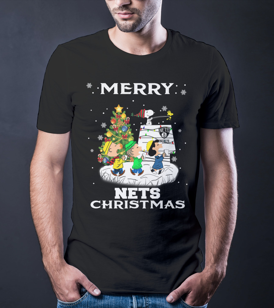 Merry Brooklyn Nets Christmas Snoopy Fans Peanuts Christmas Tree T-Shirt