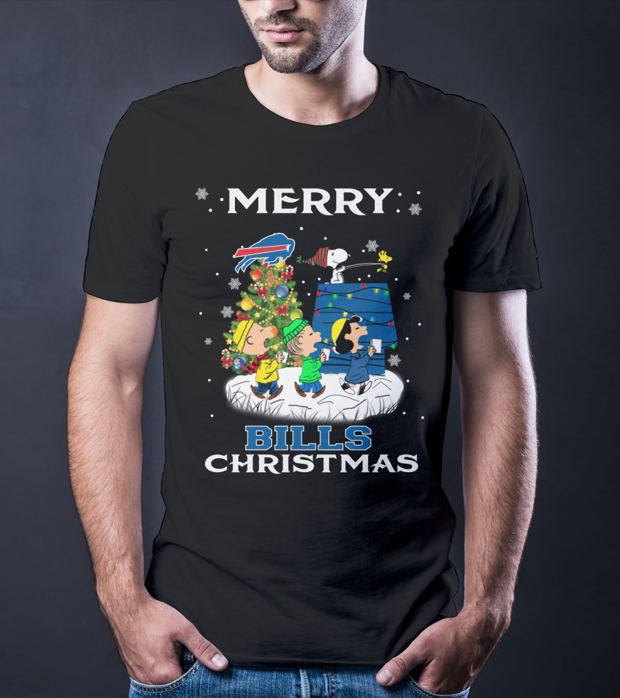 Merry Buffalo Bills Christmas For Snoopy Fans With Peanuts Characters And Tree T-Shirt