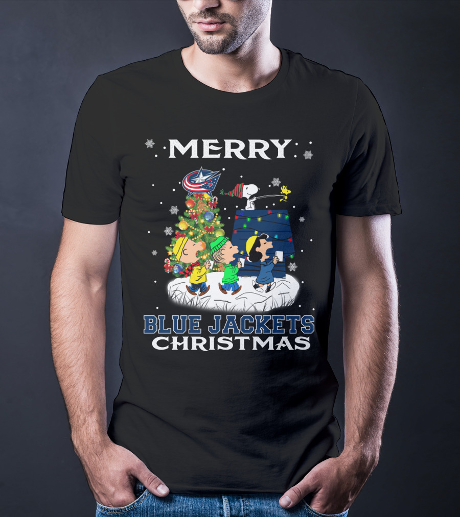 Merry Columbus Blue Jackets Christmas Snoopy And Peanuts Characters With Tree T-Shirt