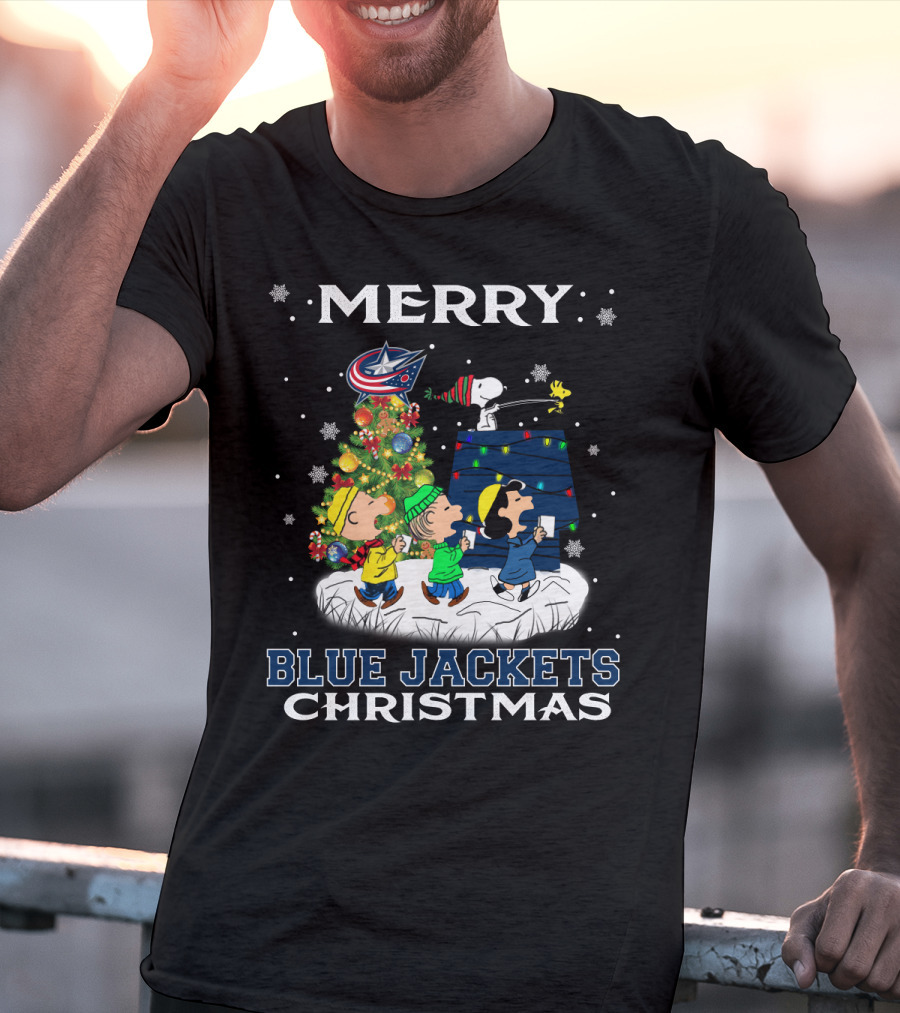 Merry Columbus Blue Jackets Christmas Snoopy And Peanuts Characters With Tree T-Shirt