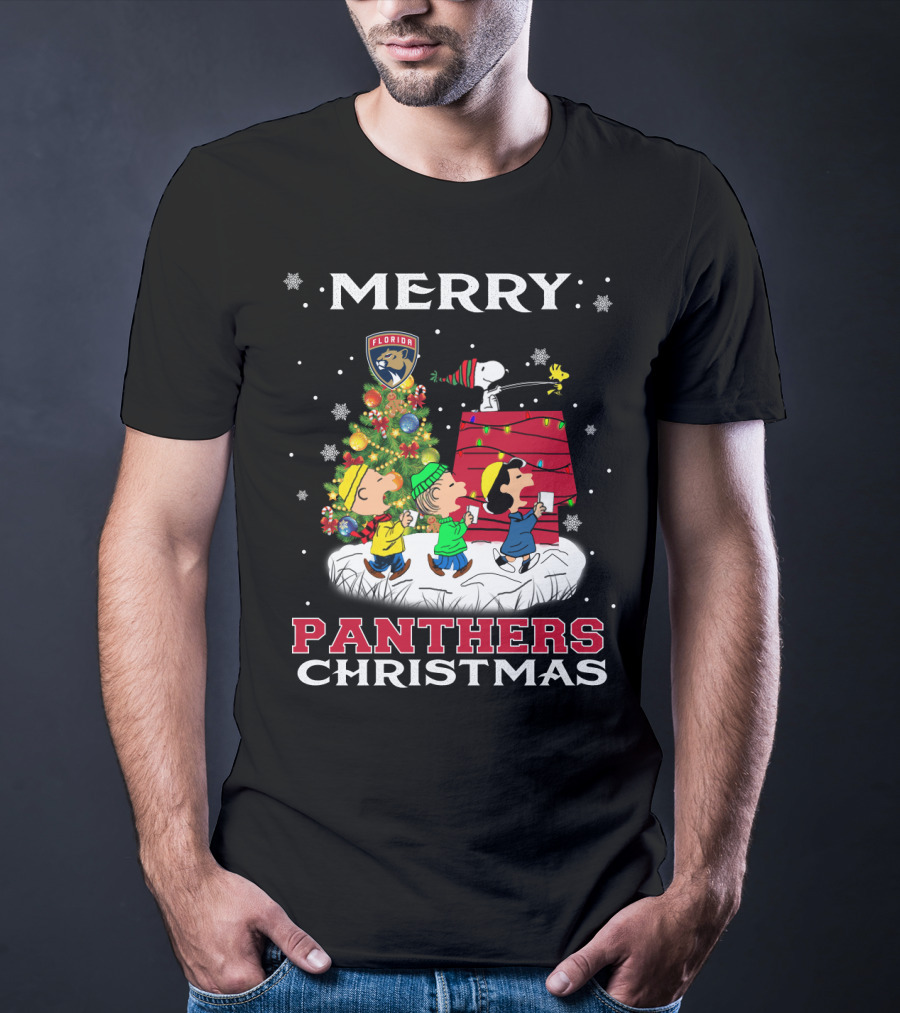 Merry Florida Panthers Christmas With Snoopy And Peanuts Holiday Scene T-Shirt