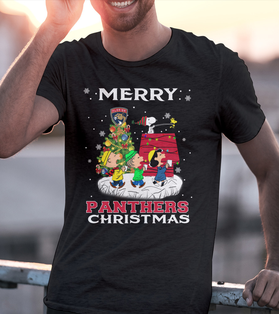 Merry Florida Panthers Christmas With Snoopy And Peanuts Holiday Scene T-Shirt
