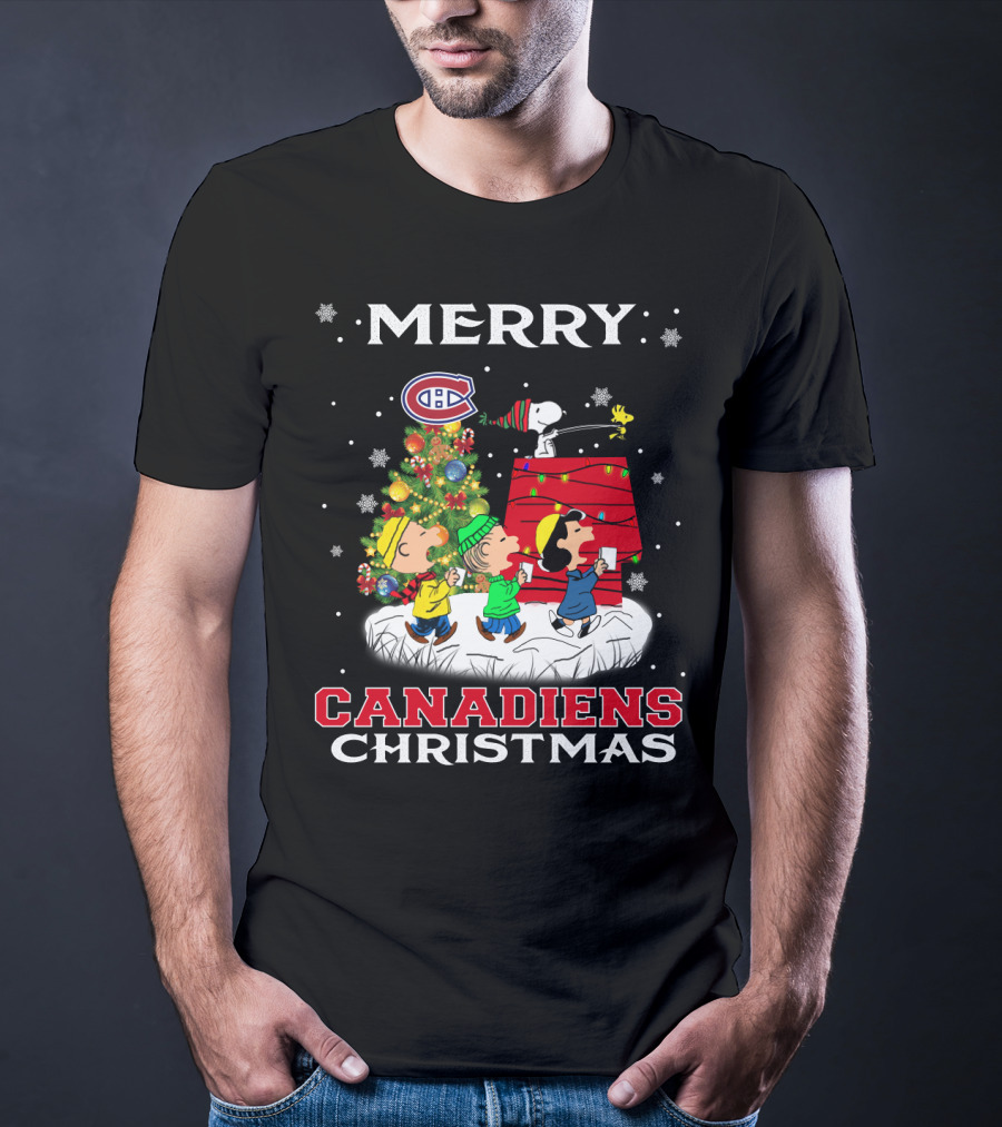 Merry Montreal Canadiens Christmas With Snoopy And Peanuts Characters T-Shirt