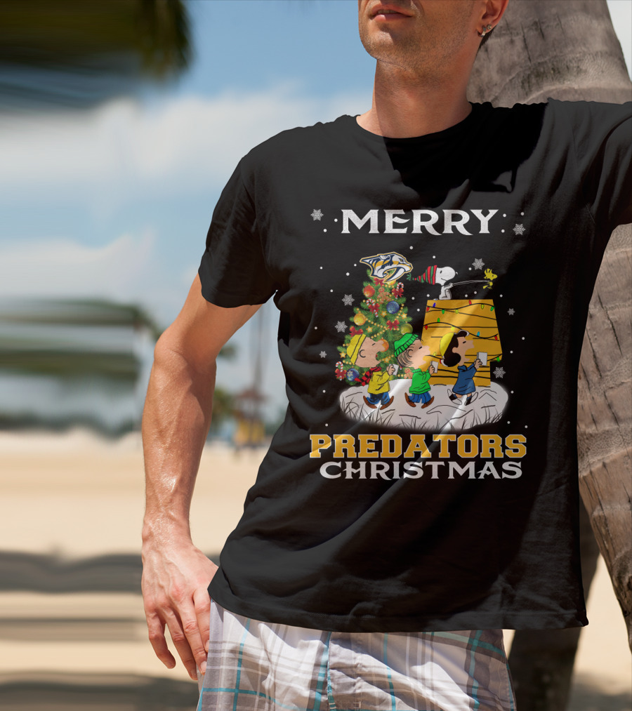 Merry Predators Christmas Featuring Snoopy And Nashville Holiday Cheer T-Shirt