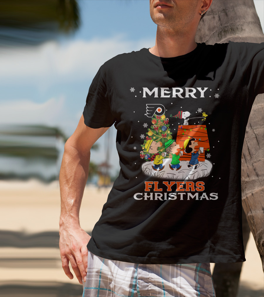 Merry Philadelphia Flyers Christmas Snoopy Peanuts Holiday Celebration Tree Woodstock T-Shirt