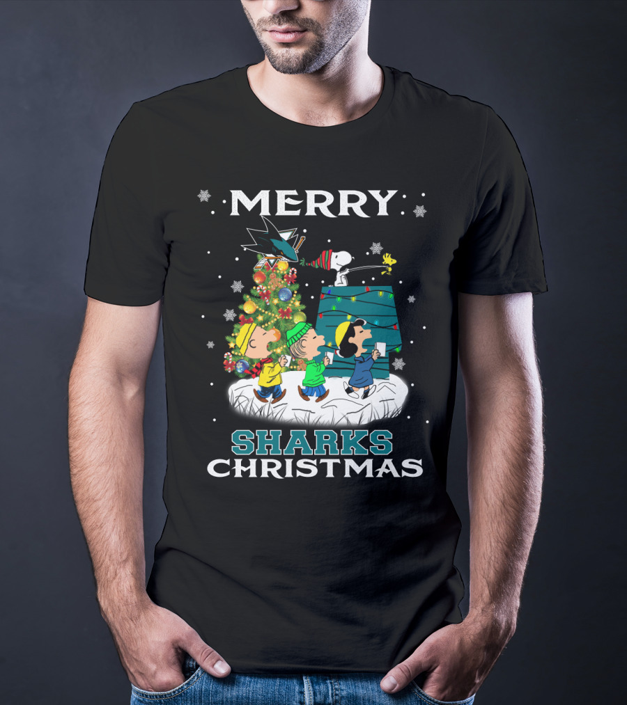 Merry San Jose Sharks Christmas With Snoopy And Friends Holiday T-Shirt