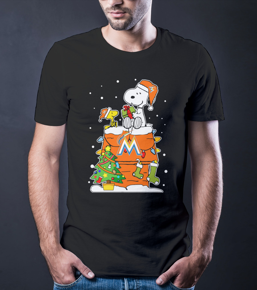 Miami Marlins Snoopy Christmas Holiday Scene With Gifts And Tree T-Shirt