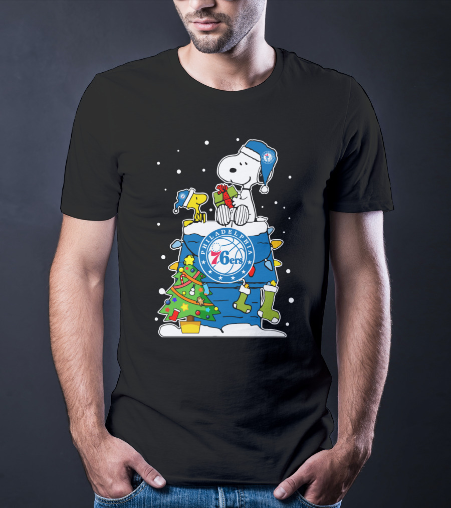Philadelphia 76ers Snoopy Christmas Present With Tree And Woodstock T-Shirt