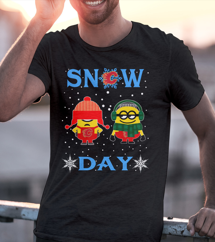Calgary Flames Snow Day With Minions Fans Dressed For Winter Fun T-Shirt
