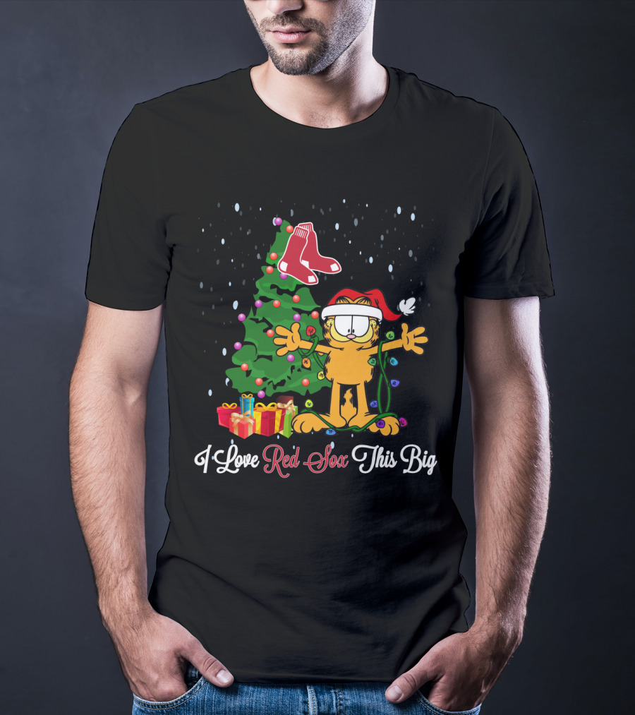 I Love Red Sox This Big Garfield Xmas Tree Santa Hat Presents Boston Fans T-Shirt