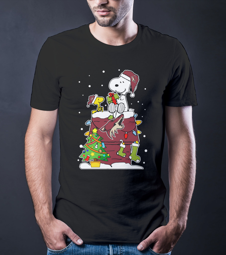 Arizona Coyotes Snoopy Christmas Celebration With Woodstock And Santa Hats T-Shirt