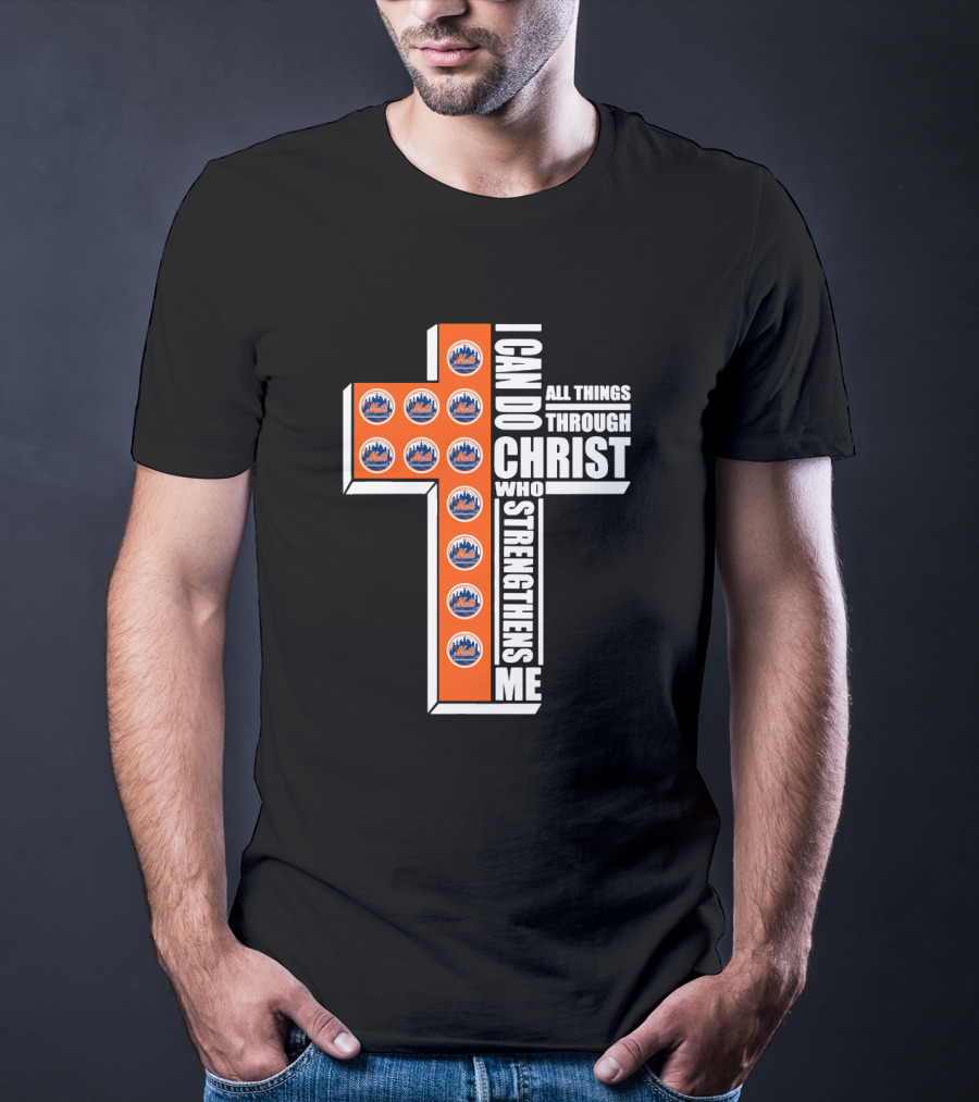 New York Mets I Can Do All Things Through Christ Who Strengthens Me Logos Cross T-Shirt
