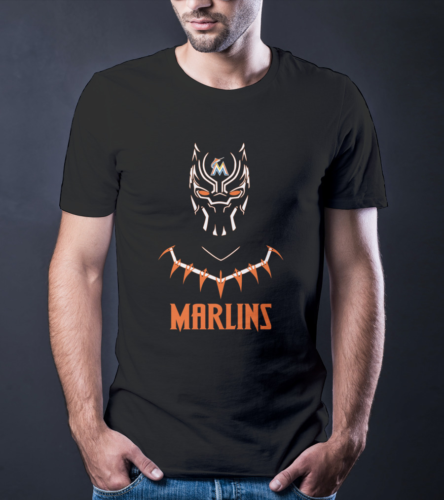 Miami Marlins Black Panther Mashup With Marlins Text And Mask T-Shirt