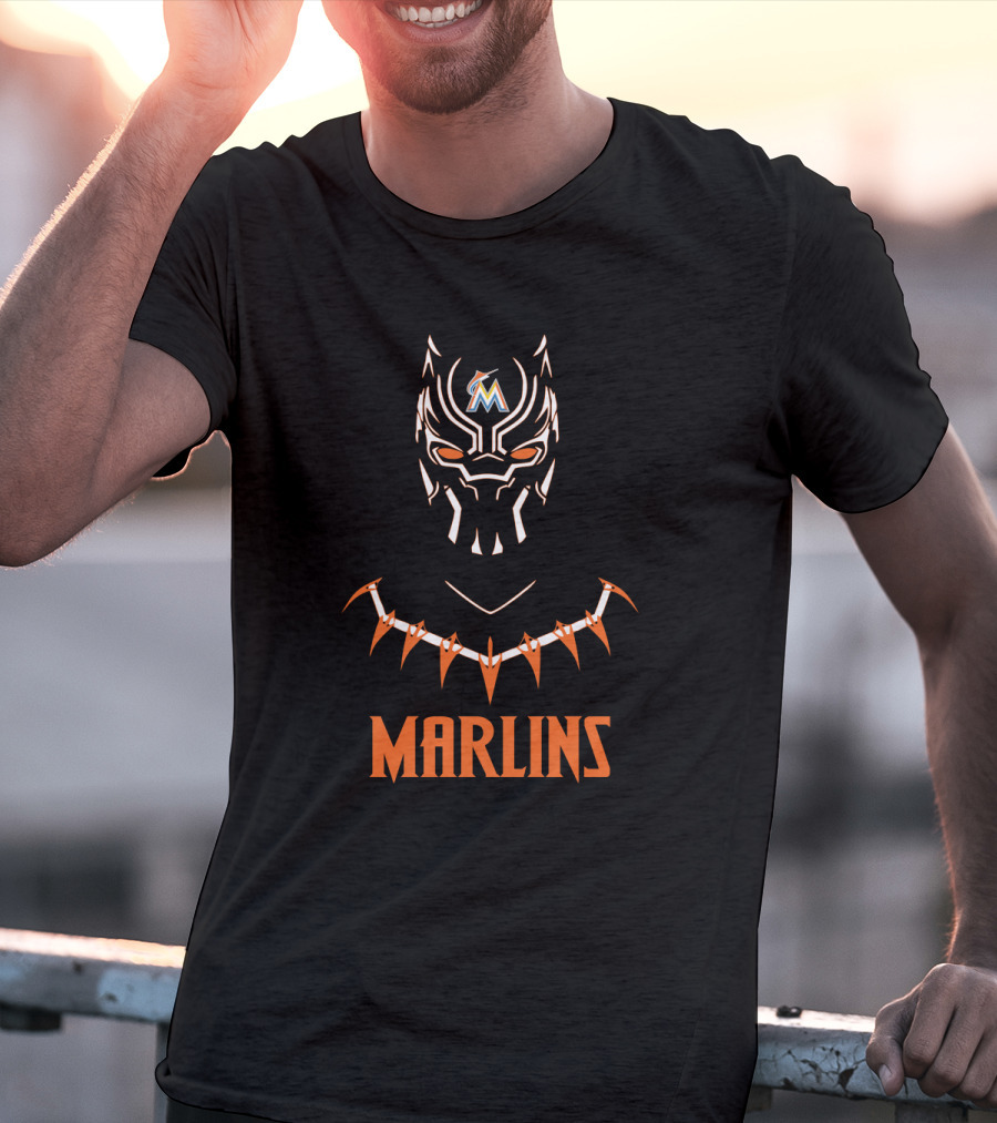Miami Marlins Black Panther Mashup With Marlins Text And Mask T-Shirt