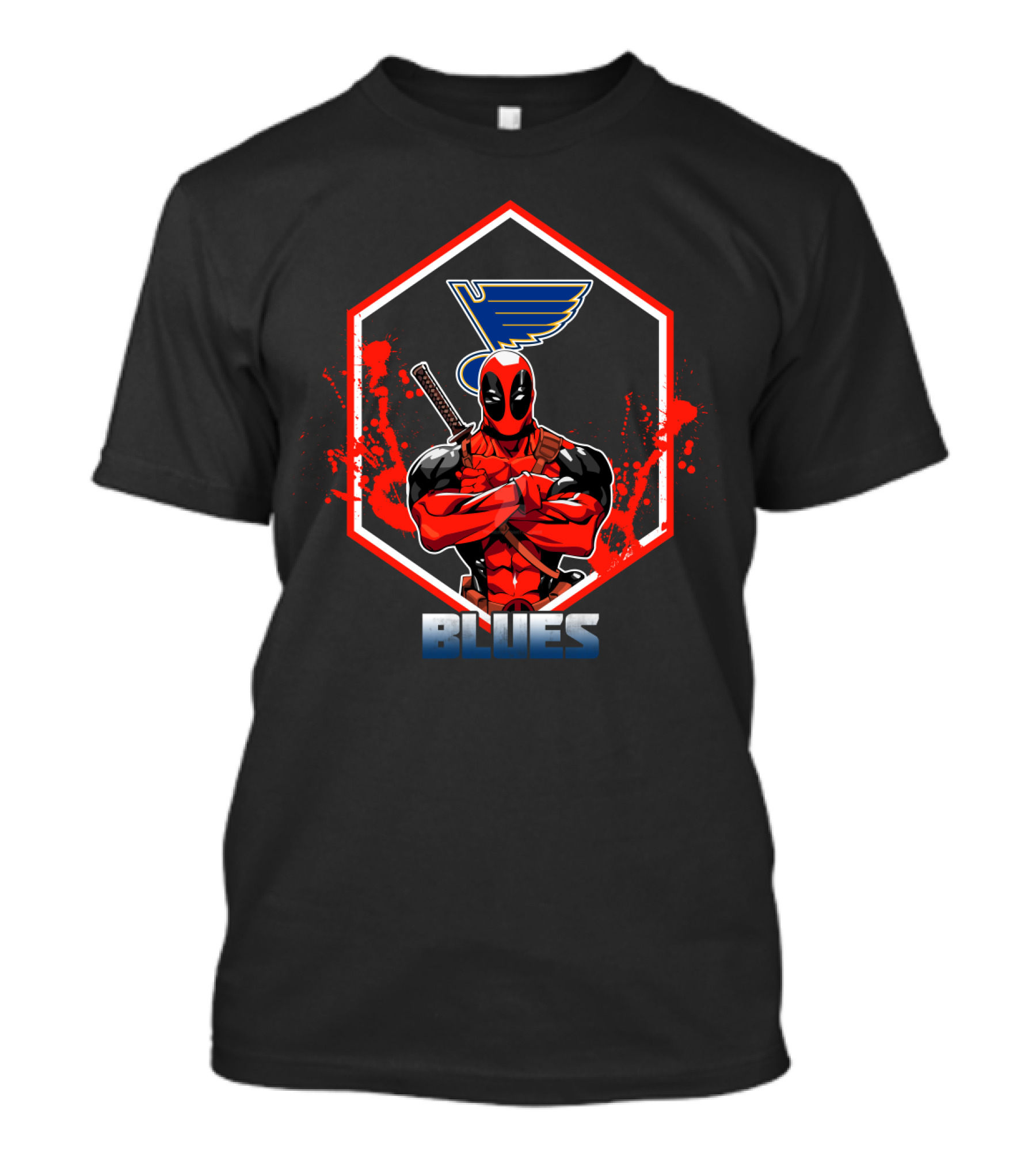 Deadpool Crossed Arms St. Louis Blues Hexagon Logo Fan T-Shirt