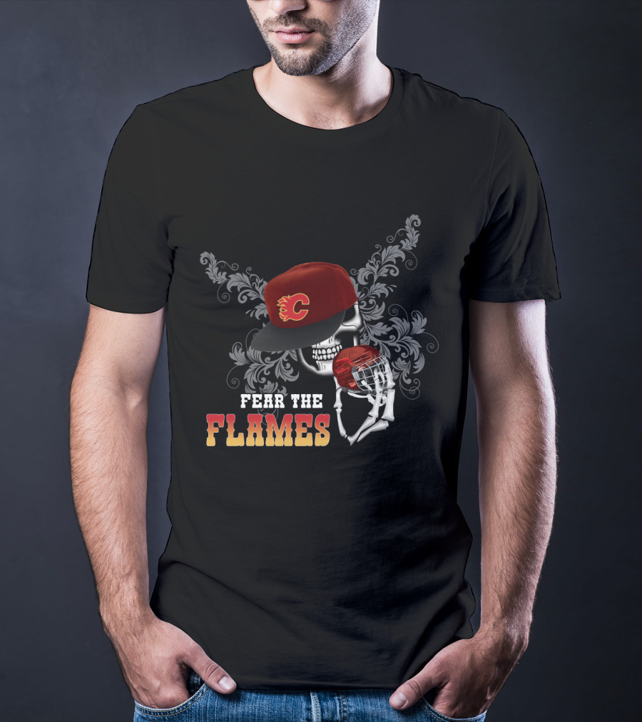 Fear The Flames Skull In Hat With Hockey Helmet Motif T-Shirt