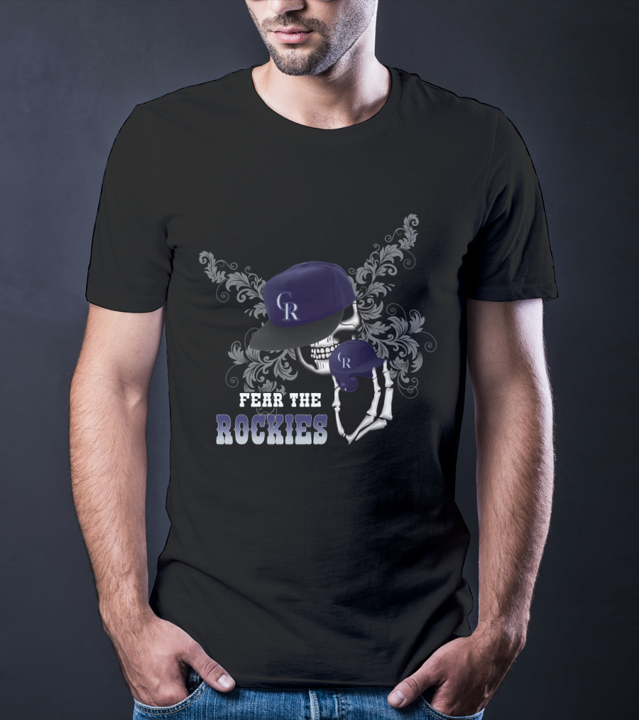 Fear The Colorado Rockies Skull And Baseball Caps With CR T-Shirt