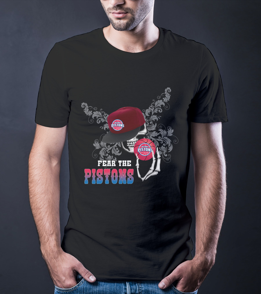 Fear The Detroit Pistons Skull Skeleton Cap Basketball T-Shirt