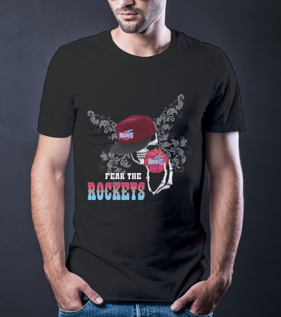 Fear The Rockets Skeleton Hat Basketball T-Shirt