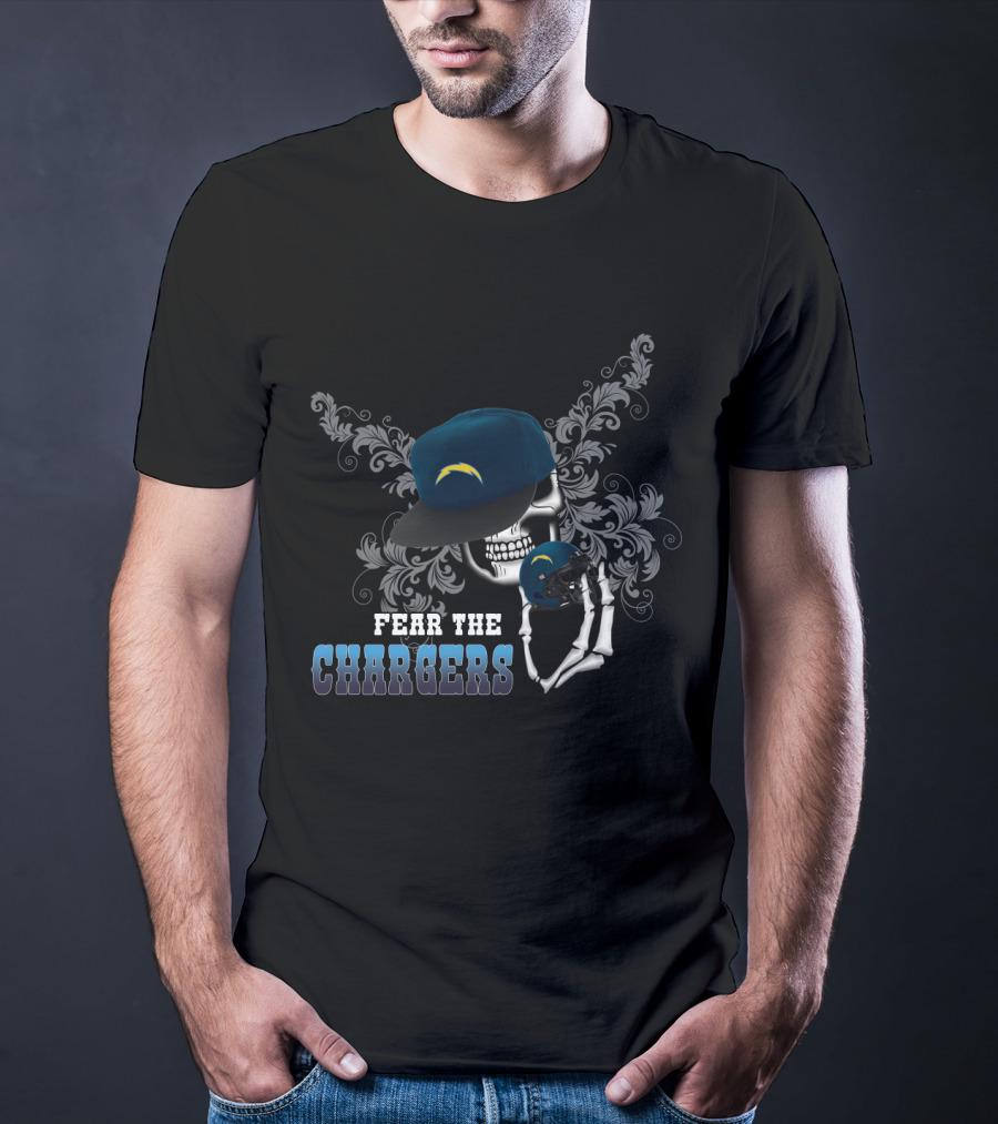 Fear The Chargers Skull And Helmet With Los Angeles Chargers Elements T-Shirt