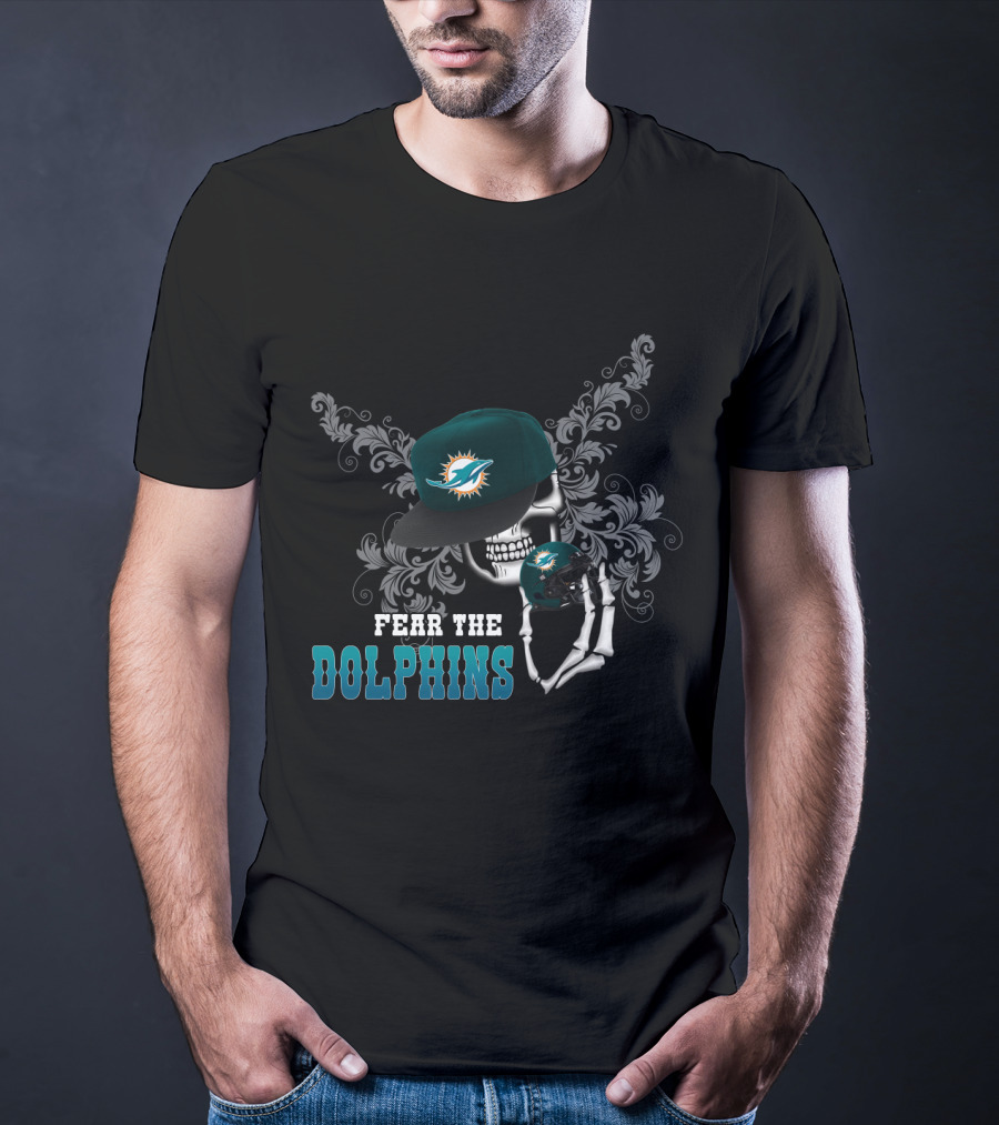 Fear The Dolphins Miami Skull With Helmet And Cap T-Shirt