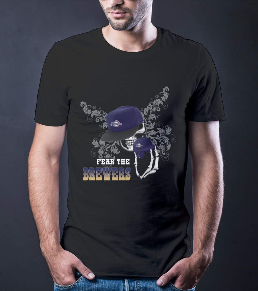 Skull And Floral Design With Blue Cap And Baseball: Fear The Brewers T-Shirt