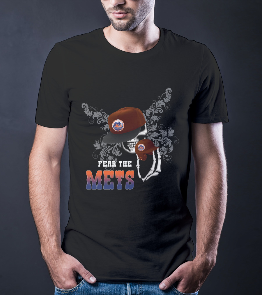 Fear The New York Mets Skeleton Wearing Baseball Cap T-Shirt
