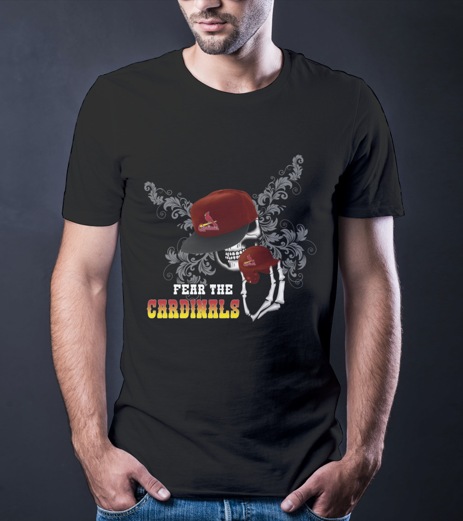 Fear The St. Louis Cardinals Skull With Red Cap And Stylized Floral T-Shirt