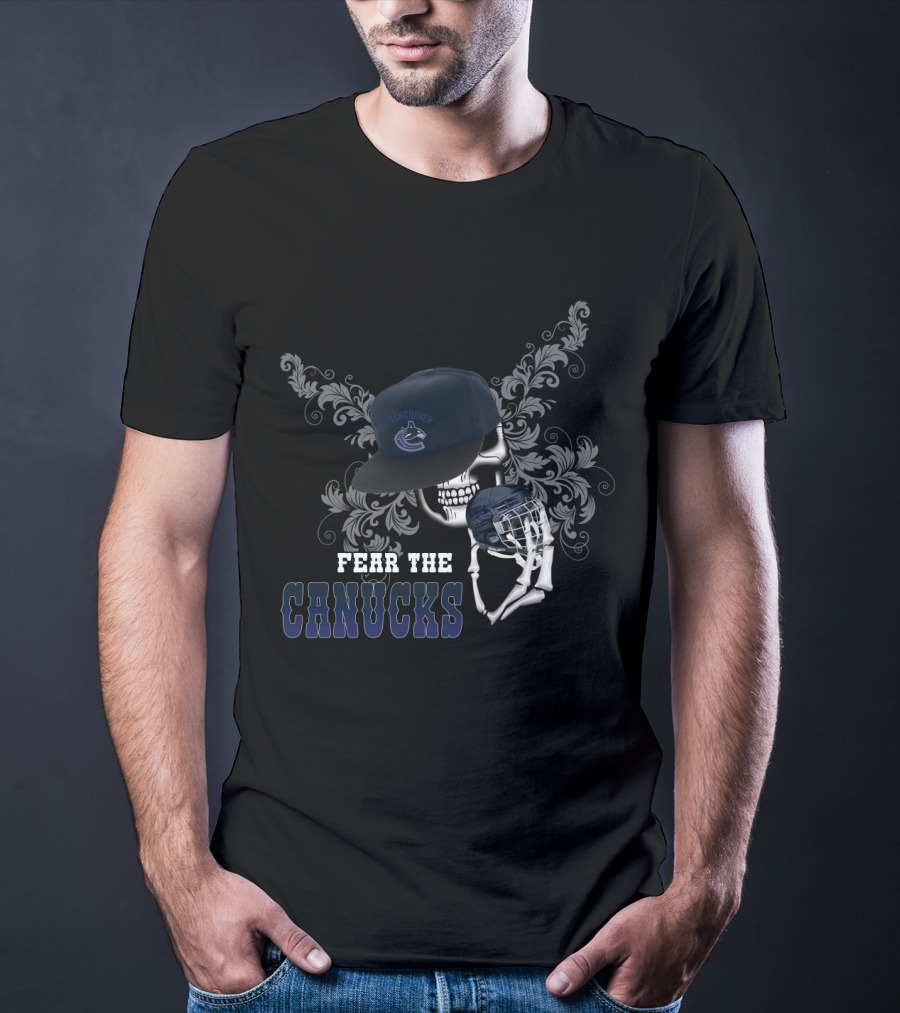 Vancouver Canucks Skull With Cap And Hockey Helmet Graphics T-Shirt